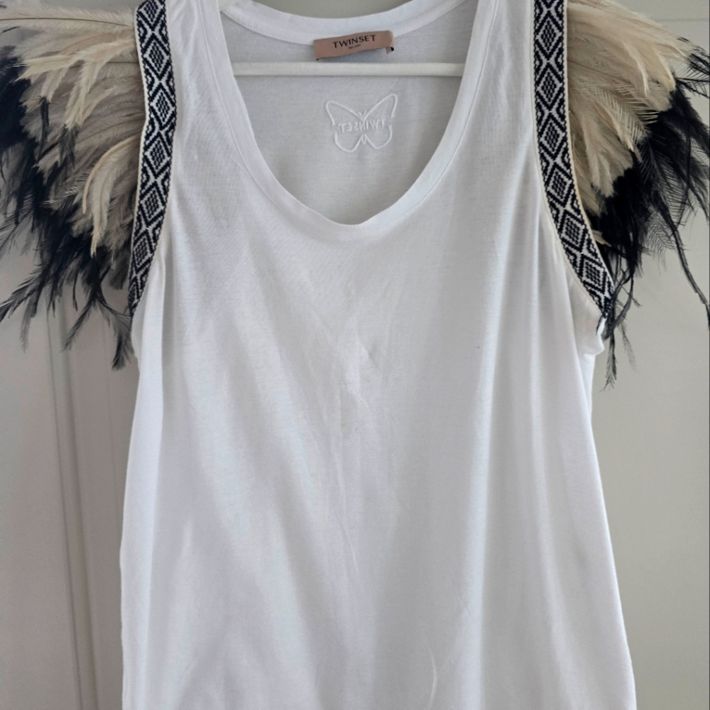 Twin-Set White Tank Top with Feather Accents
